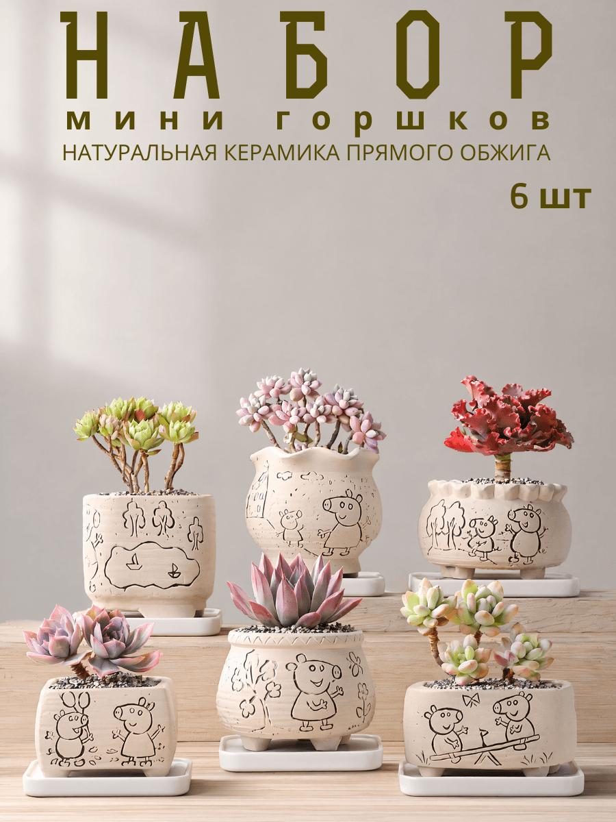 Горшок для кактусов и суккулентов керамика "Поросята" 6 шт